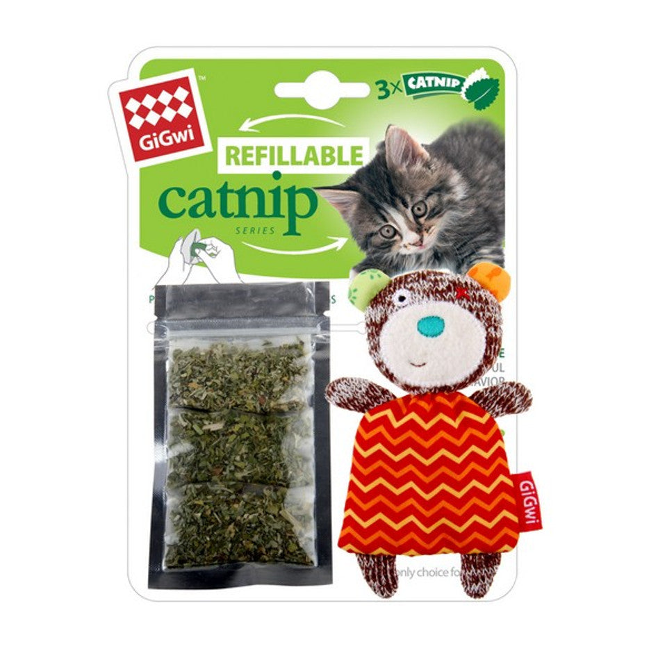 GiGwi Refillable Bear Ziplock Cat Toy With x3 Catnip Bags Red